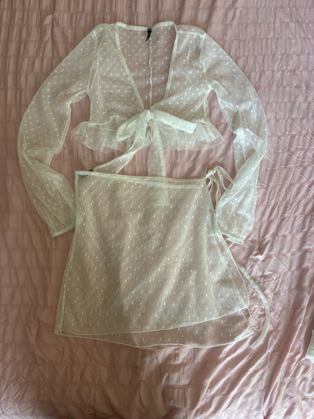 PrettyLittleThing White Sheer Polka Dot Tie-Front Crop Top & Wrap Skirt